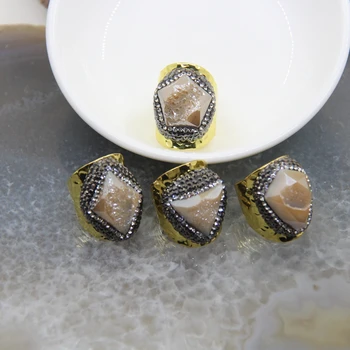 

5pcs/lot,Paved Rhinestones Champagne Faceted Druzy Geode Rings,Natural Quartz Drusy Stones Adjustable Copper Rings Jewelry Bulk