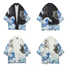 Самурая волны со стилизованным изображением рыбки японский Стиль японская одежда кимоно Daily юката Harajuku фестиваль Sakura Ретро Haori куртка
