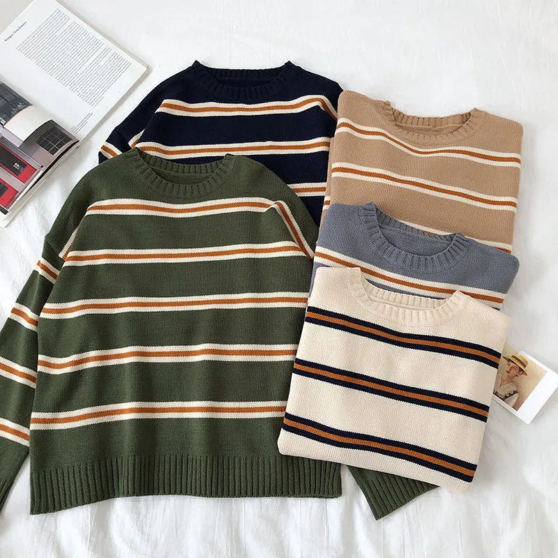 

Autumn and Winter Long-sleeved Knitted Sweater Fashion Joker Striped Sweater Women Loose Oversized Korean Style Pullover Tops