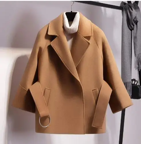 

Women Short Woolen Coat Belt Jacket plus size S- 4XL