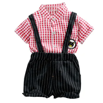 

New Summer Baby Girl Clothes Suit Children Boy Cotton Plaid Shirt Overalls 2Pcs/set Toddler Casual Costume Infant Kids Tracksuit