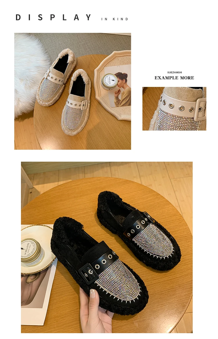 Korean Shoes Women All-Match Casual Female Sneakers Women's Moccasins Round Toe Autumn Loafers Fur Flats Crystal New Fall