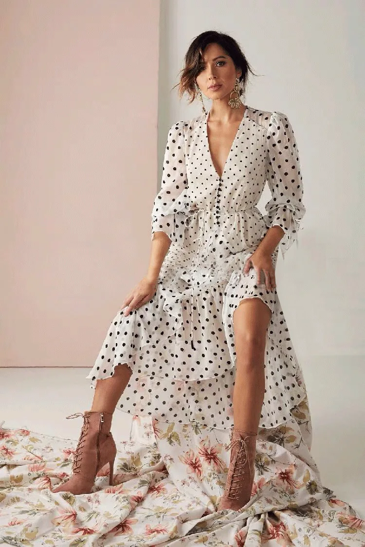 

Europe And America Summer New Style Slim Fit Slimming V-neck Lace-up Flounced Polka Dot Chiffon Dress Cake Dress Women's