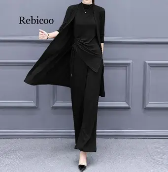 

Knitted 3 Pieces Set Women Tracksuit Long Sleeve Cardigan Pullover Tops and Wide Leg Pants Suit Women's Sets