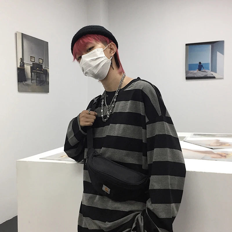 Хип-хоп полосатая Прямая поставка bf camisas Клубная Ulzzang панк винтажная harajuku без бретелек с длинным рукавом Корейская одежда Топ Женская футболка