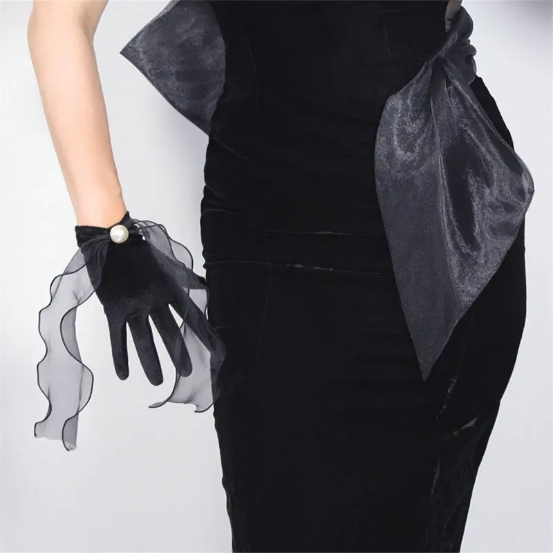 black white pearl Розовые велюровые короткие перчатки 22 см, розовые, красные, прозрачные, волнистые, сетчатые, с жесткими краями, ленты, негабаритный бант, драгоценный камень, женские перчатки WSR17 - Цвет: black white pearl
