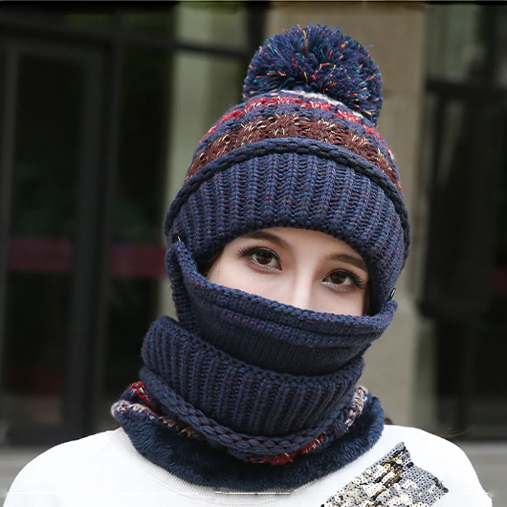 Женский зимний теплый Skullies Beanie+ мягкий шарф, комплект из двух предметов, зимняя утолщенная шапка, Женские ветрозащитные вязаные шапки, грелка для шеи