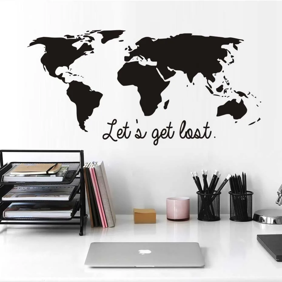 Art Vinyls World Map Wall Stickers Let's get lost Travel Quote Decals For Children Kids Room Living Room Home decor Mural Gift (4)
