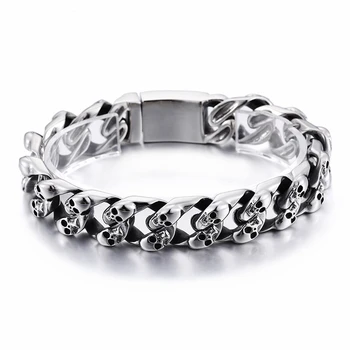 

Punk Skull Bracelets For Men Stainless Steel Link Chain Skull Heads Charm Wrap Bracelet Bangle Gothic Biker Jewelry 2020