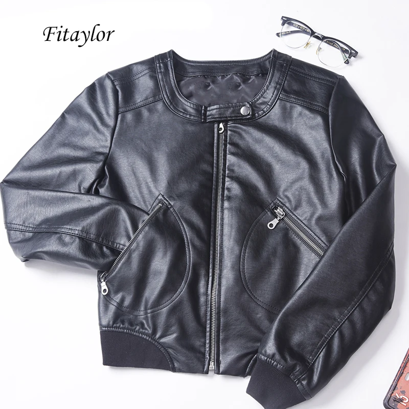 Куртка женская из искусственной кожи Fitaylor повседневная короткая байкерская