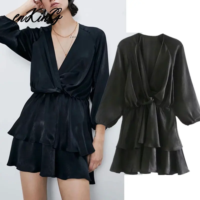 

2019 england office lady elegant vintage satin cascading Christmas party za dress women vestidos de fiesta de noche vestidos