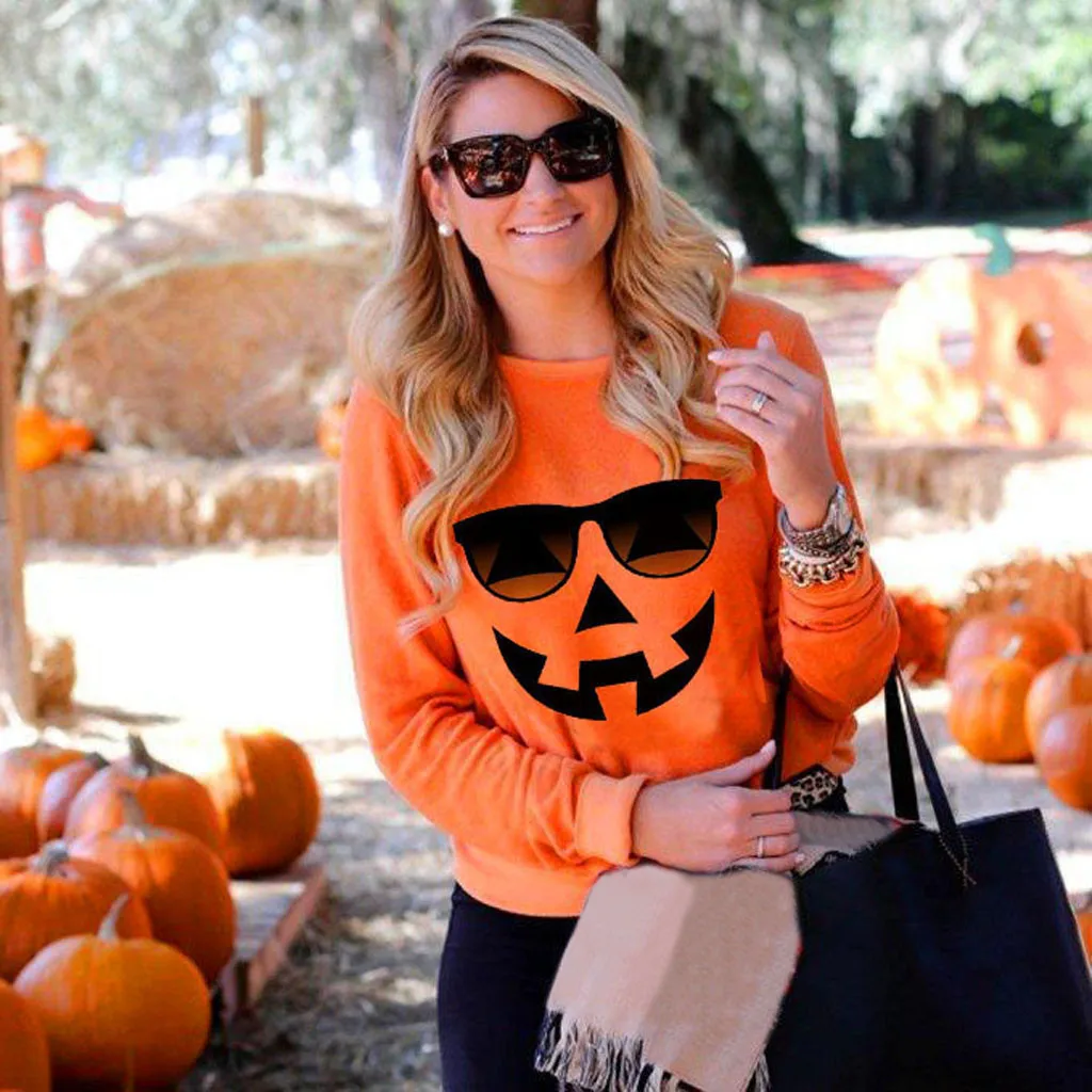 

SAGACE Women's New Sweatshirt 2019 Hooded Sweatshirt Halloween Fashion Glasses Pumpkin Print Long Sleeve Sweatshirt Pullover