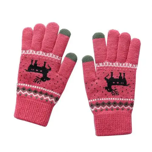 Vintage christmas deer knitted gloves women thicken touch screen gloves winter warm snow Elk full finger mittens christmas gift - Цвет: Красный