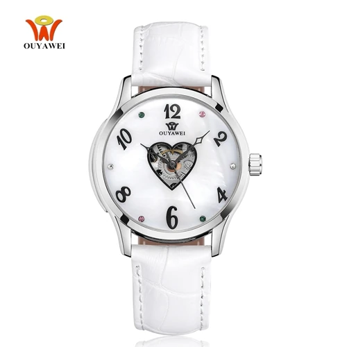 Silver White Новые оригинальные OUYAWEI, модные повседневные женские часы, кожаные механические часы с ремешком, Скелетон, золотые, красные, женские наручные часы, Relogios - Цвет: Silver White