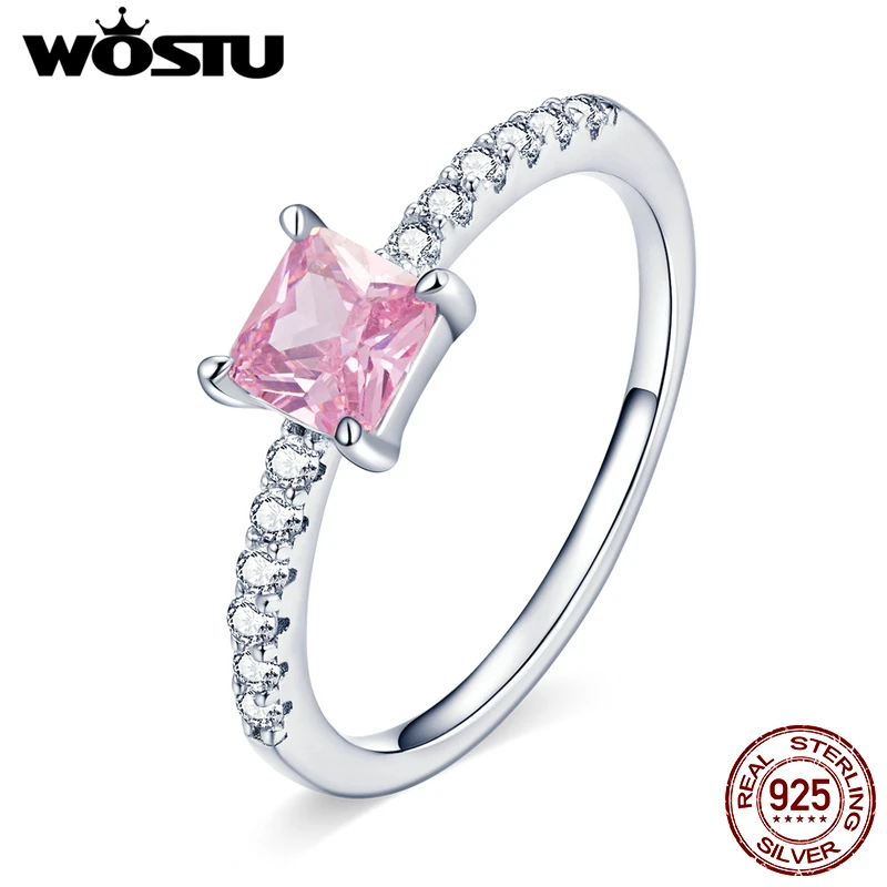 Elegant 925 Sterling Silver Sakura-Pink Halo Ring with Shining Square Zircon
