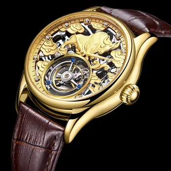 

Golden Tourbillon Mechanical Watch Men Hollow Mechanical Watch Male Luxury Watches Man Waterproof Clock Leather Diamond Scale