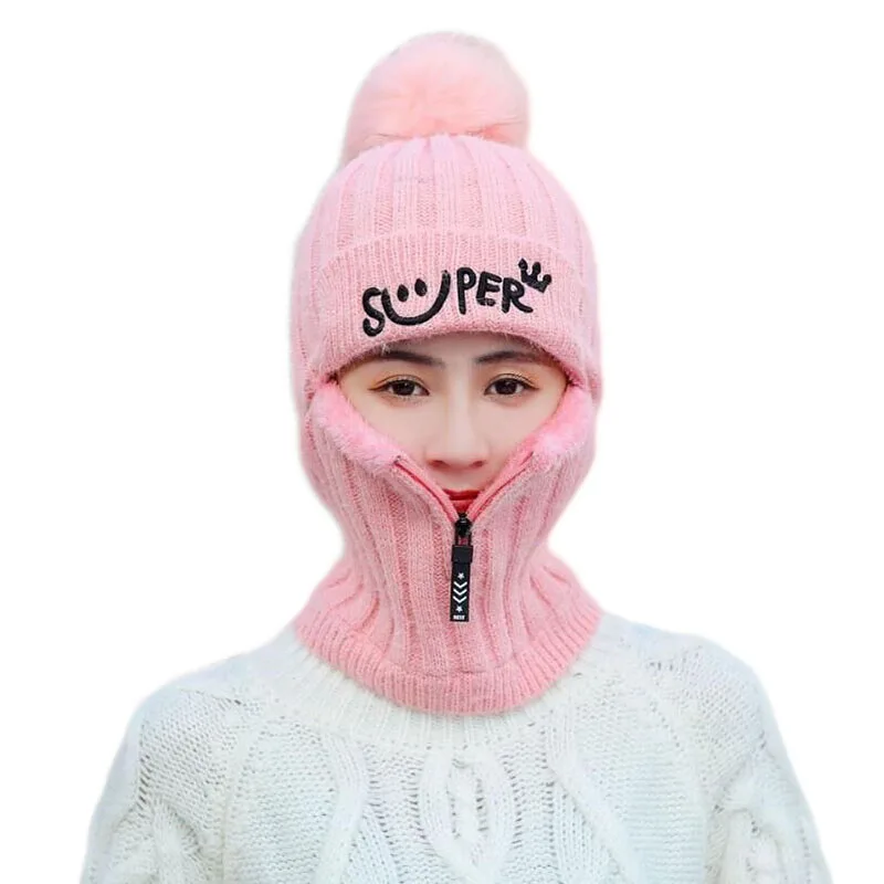 Новые толстые теплые зимние трикотажные изделия для женщин Embriodery Smile Face Beanie наушники на молнии украшения Gorro мех пом шапка с помпоном зима