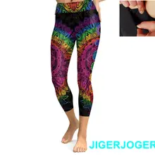 JIGERJOGER Весна Высокий пояс карман темно многоцветный Мандала 3/4 Йога Леггинсы Капри шорты 7/8 плотно облегающие
