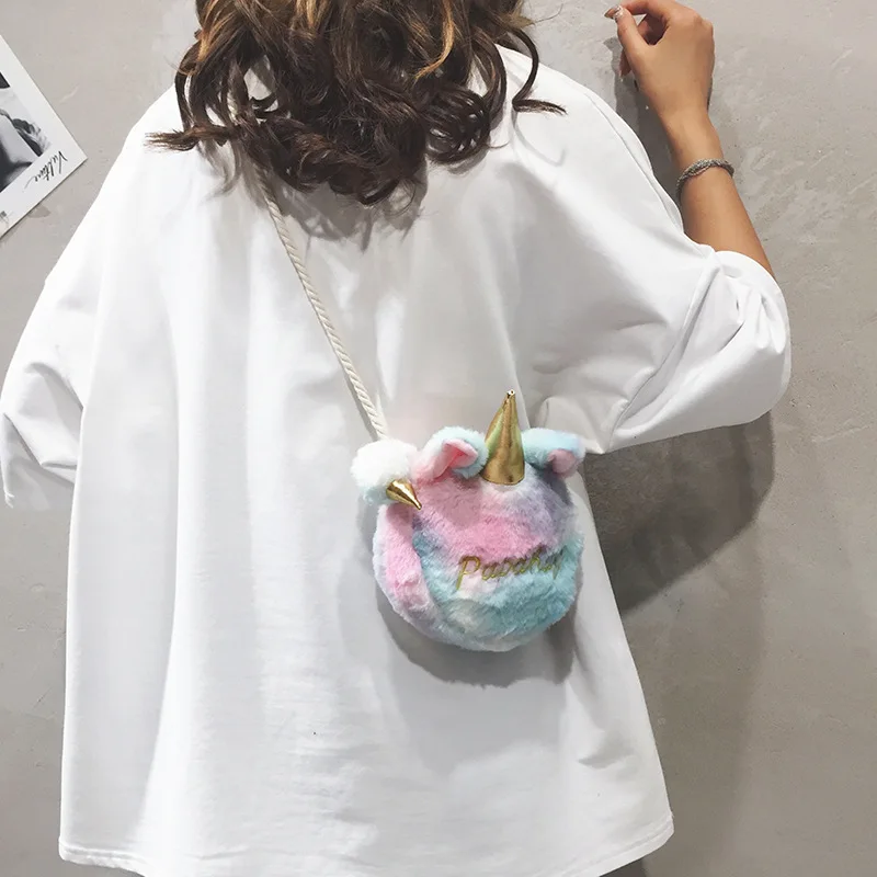 

Rainbow Unicorn Cross-body Handbag Women's New Style Plush Cute Cartoon Toys Creative Trend Phone Coin Purse