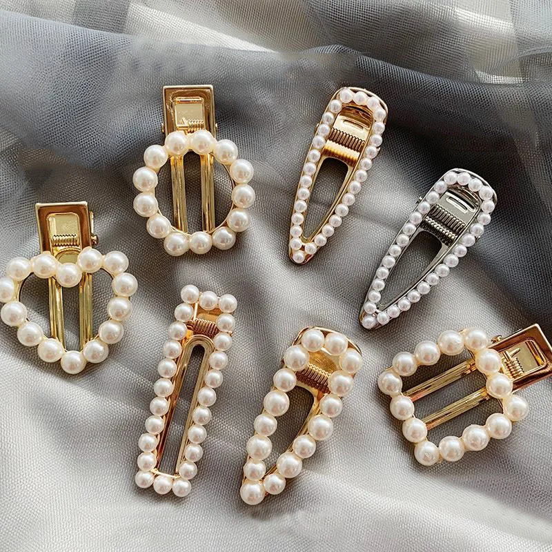 Fashion Pearl Hair Clip Geometric Rectangle Water Drop Hairpins Metal Gold Color Hair Styling Accessories