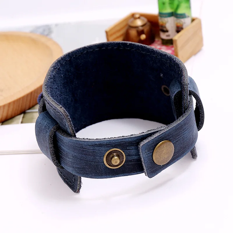 Men Leather Bracelet Wide Brown Vintage Punk