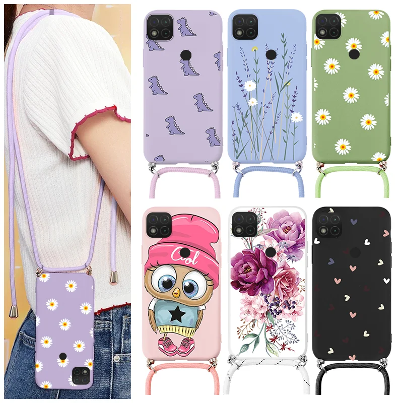 For Xiaomi Redmi 9C NFC 4G Case Daisy Flower Strap Cord Chain Necklace Lanyard Cover For Xiaomi Redmi9C Rdemi9CNFC Back Cover neck pouch for phone