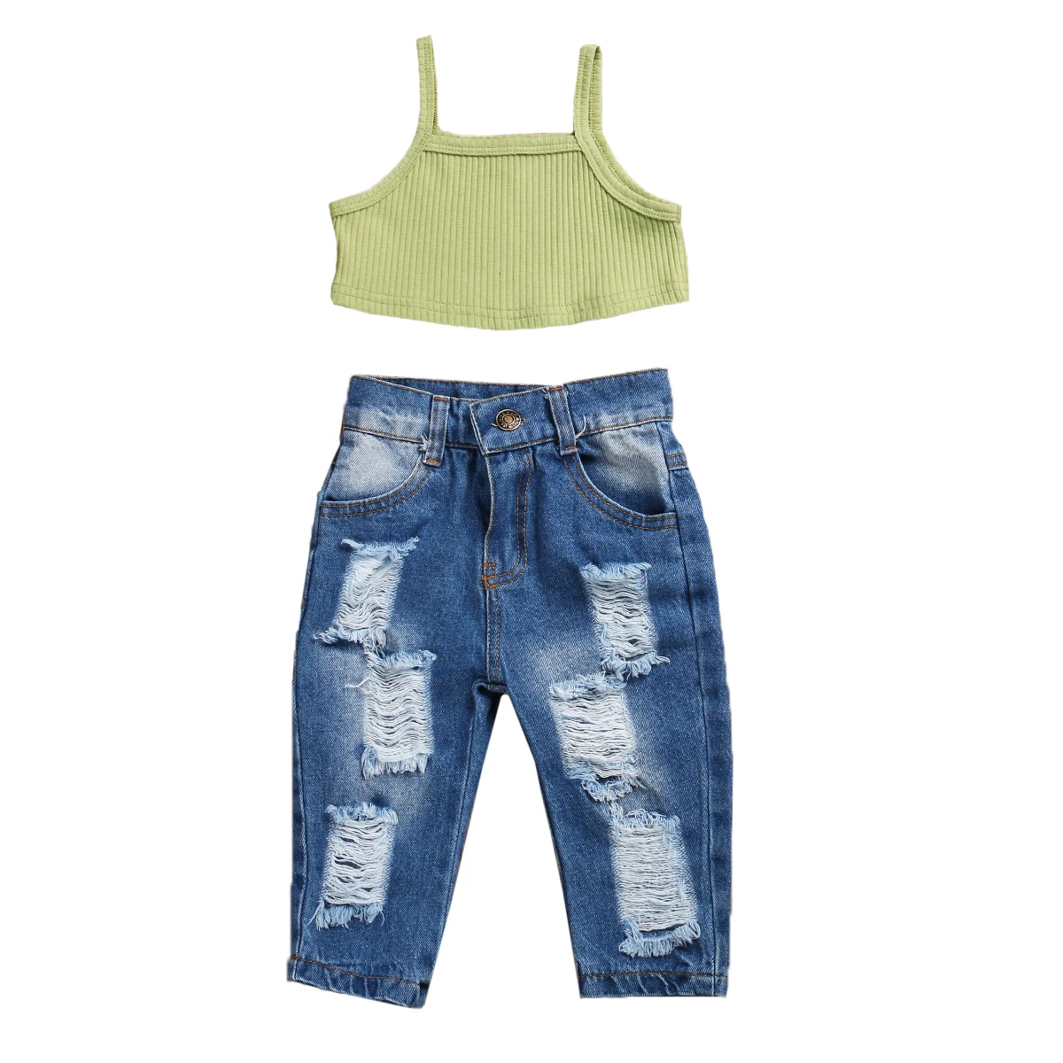 1-5Y Summer Kids Baby Girls Outfit Sets 2Pcs Solid Sleeveless Sling Camis Ribbed Crop Top Ripped Jeans Pants Fashion Girl Sets kids clothing set girls clothing set