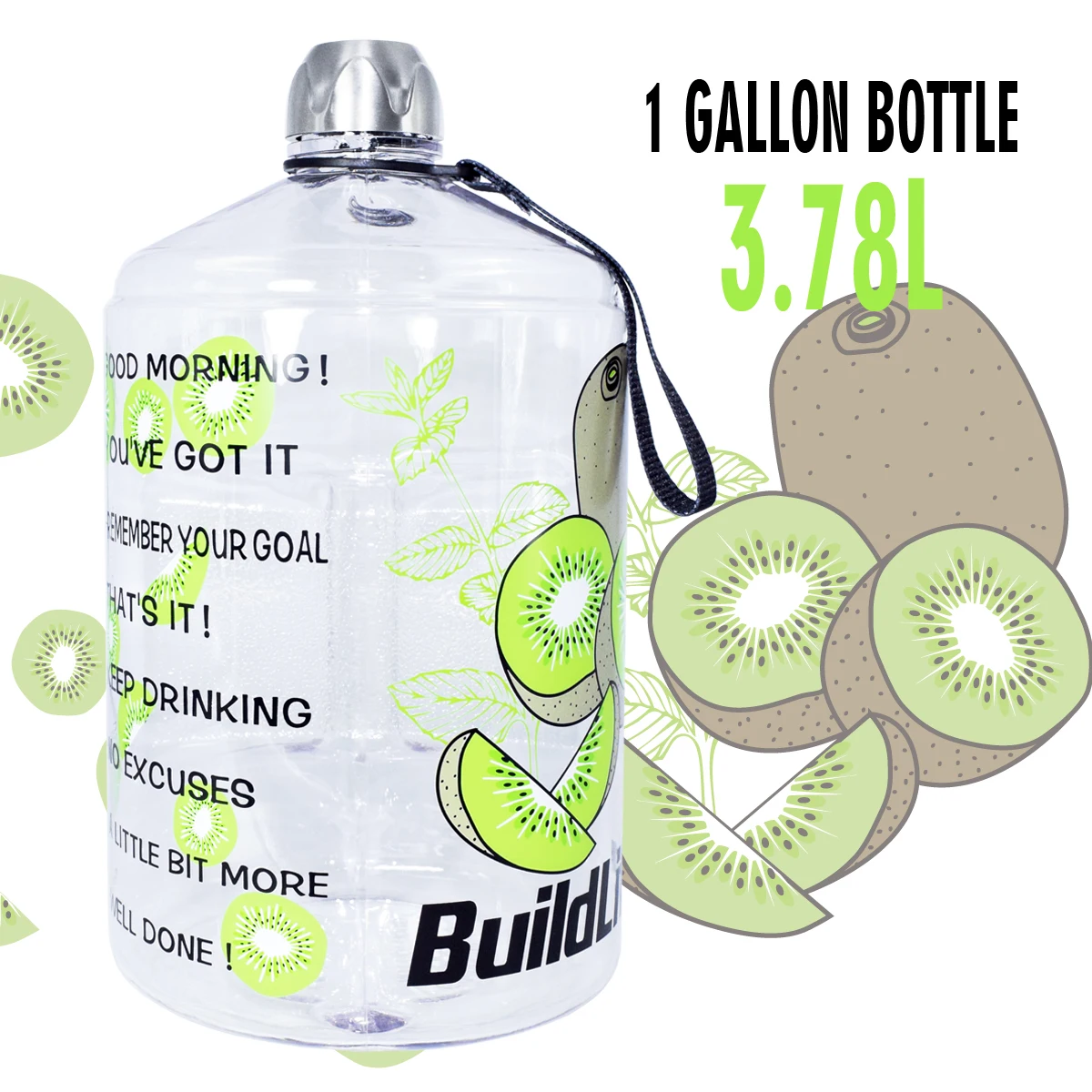 Kiwifruit BuildLife 1 галлон бутылка для воды больше дизайна с маркером времени 3.78л/128 унций BPA бесплатно спортивные бутылки пластиковые большой емкости кувшин для воды - Цвет: Kiwifruit