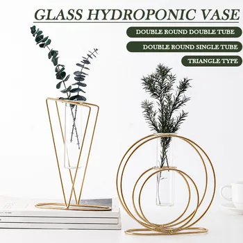 1PC Nordic Style Simple Geometric Metal Iron Art Transparent Glass Hydroponics Vase Decoration Accessories For Homes Decoration 1