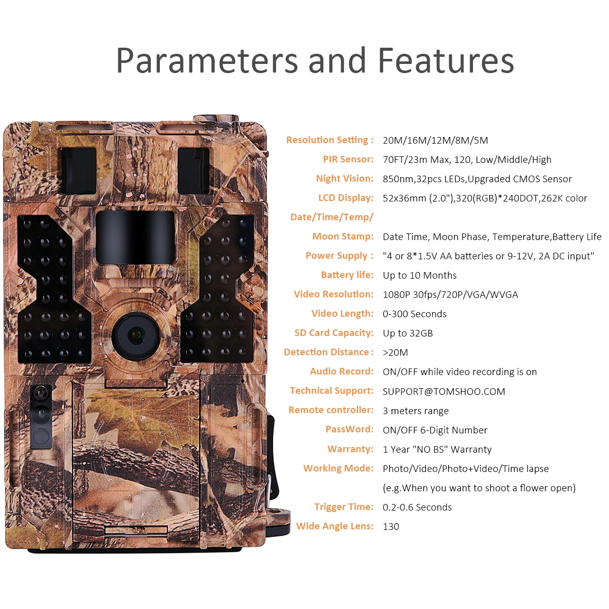 TOMSHOO Hunting Camera 20M 1080P 30fps Trail Camera with 32pcs 850NM IR LEDs Night Vision 0.2s Trigger Time 20m Range