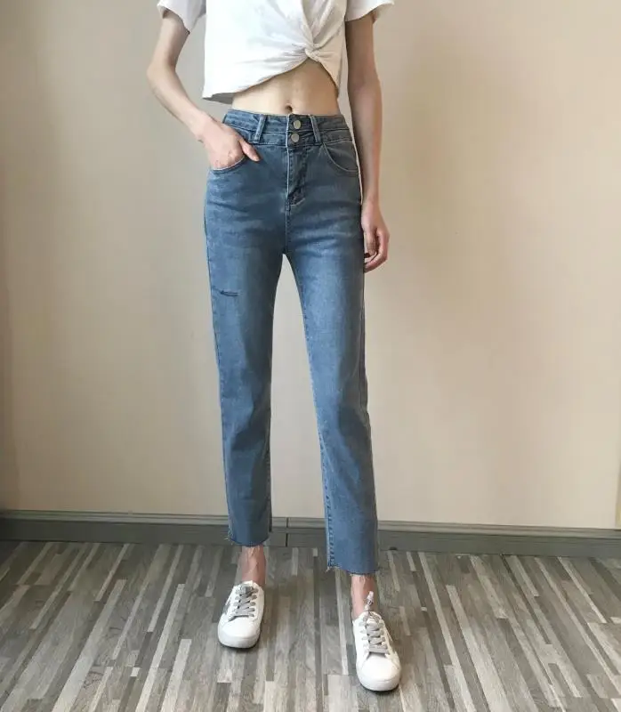 Hyuna/эластичные облегающие джинсы с высокой талией для фотосессии, женские универсальные широкие прямые обтягивающие штаны с подвеской
