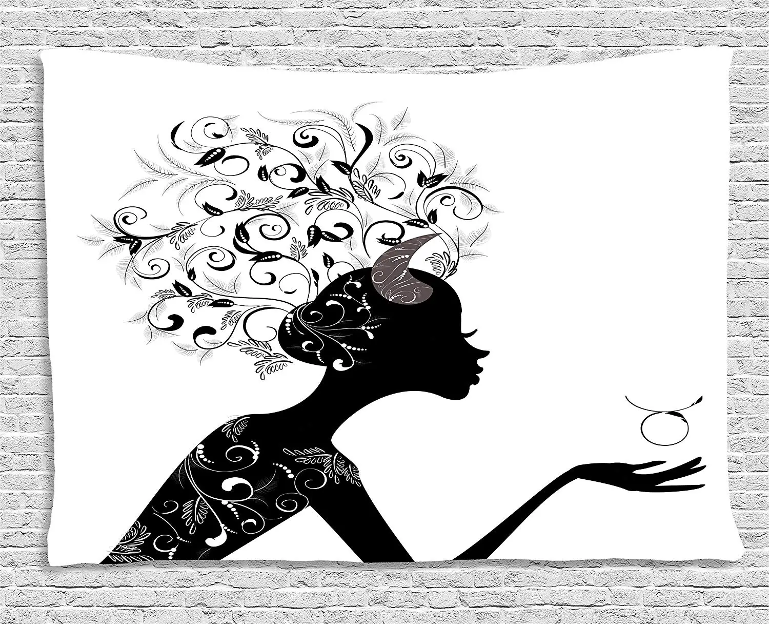 

Zodiac Taurus Fashion Girl Black Silhouette with Floral Hairdo and Dress Modern Wall Hanging
