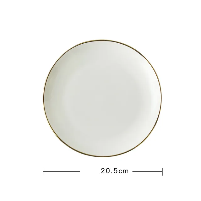 Gold Edge Ceramic Plate Dish White Porcelain Tableware Western-style Dinner Dishes and Plates Sets 8 Inches