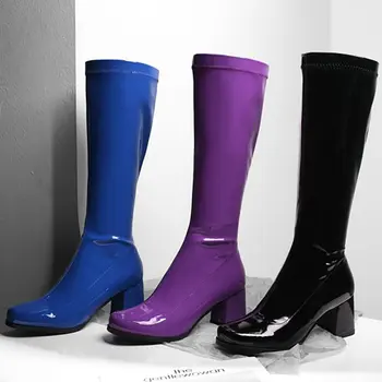 

Brand Design Square Toe Knee High Boots Women Fashion Mirror Leather Thick Heel Long Boots Women 2020 Winter New Shoes Purple