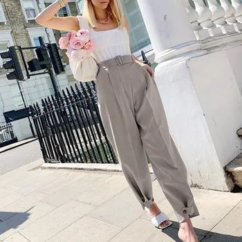 

High Waist Suit Pants Women Trousers Ankle Length Thin Pockets Office Lady Business Pants CK9162
