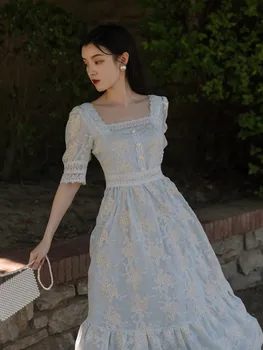 

Summer Elegant Lace Dress For Slim Women Vintage French Embroidery Petal Sleeve Retro Princess Gatsby Dresses Vestido Fiesta