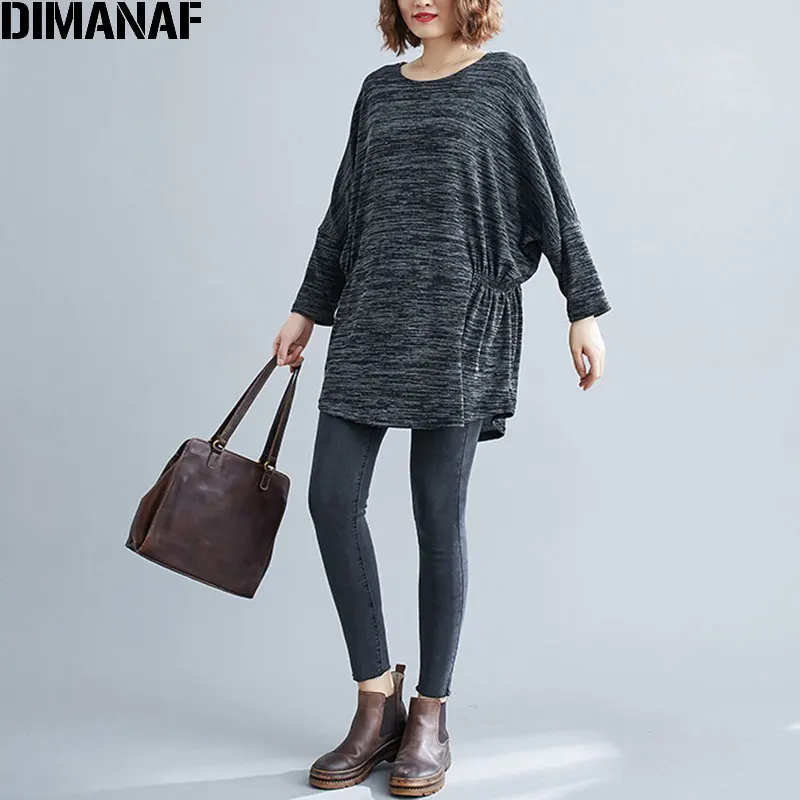 DIMANAF Plus Size Women T-Shirt Female Batwing Sleeve Tops Tunic Tees Vintage Cotton Knitting Loose Autumn tshirt Women Clothing