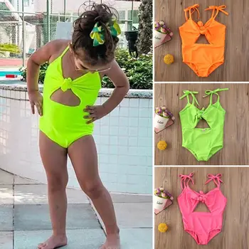 

1-5 Years Kids Baby Girls Swimsuit Toddler Bikini 2020 Summer Bow Tie One Piece Bathing Suit For Girls Swimwear Solid Beach Suit