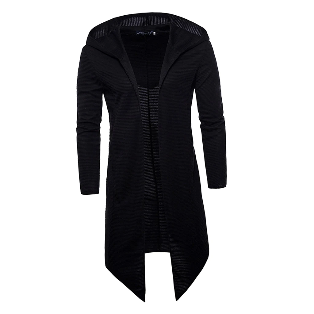 Men's Long Sleeve Draped Lightweight Open Front Longline Hooded Cardigan