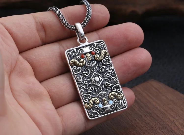 FNJ, прямоугольная подвеска Pixiu, 925 серебро,, чистый S925, тайские серебряные Подвески для изготовления ювелирных изделий, мужские плоские панк животные, красные, синие