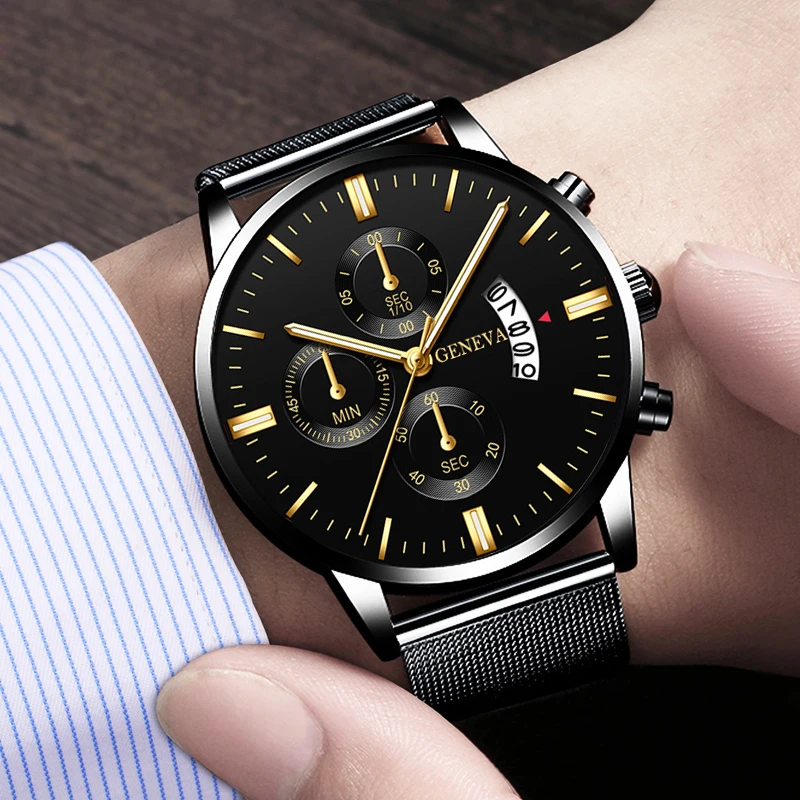 2022 Mens Fashion Business Calendar Watches for Men Luxury Stainless Steel Mesh Belt Analog Quartz Wrist Watch relogio masculino 6