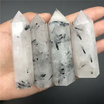 

1PC Natural Tourmaline Black Hair Quartz Rutilated Crystal Point Wand Healing Reiki Natural Quartz Crystals
