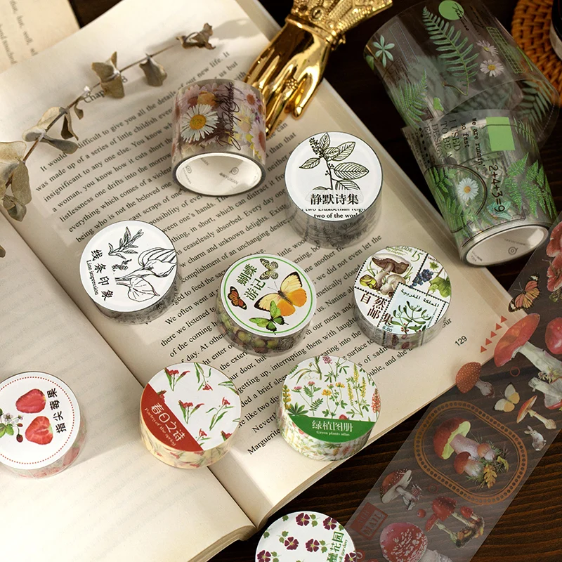 Retro Plants Stamp Series Bullet Journal PET Washi Tape Adhesive Butterfly DIY Scrapbooking Sticker Label Masking | Канцтовары для