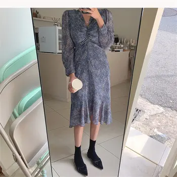 

Alien Kitty Chic New Hot Elegant Chic V-Neck Pleated 2020 Print Floral Ruffles Waist-Controlled Fresh Sweet Women Dresses