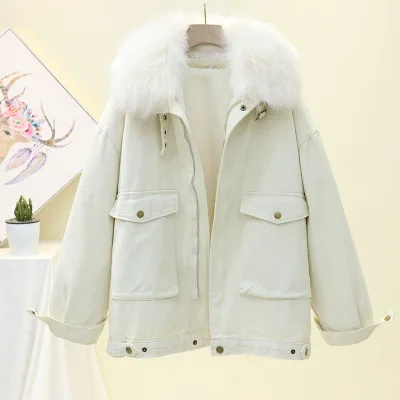 Apricot Winter Parka Women Jacket Korean Fashion Big Fur Collar+ Lamb Plush Liner Outerwear Female Thick Warm Loose Ladies Jacket - Цвет: Apricot