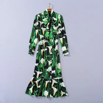 

European and American women's clothing 2020 autumn new style Long sleeve green printed button Fashionable fishtail dress