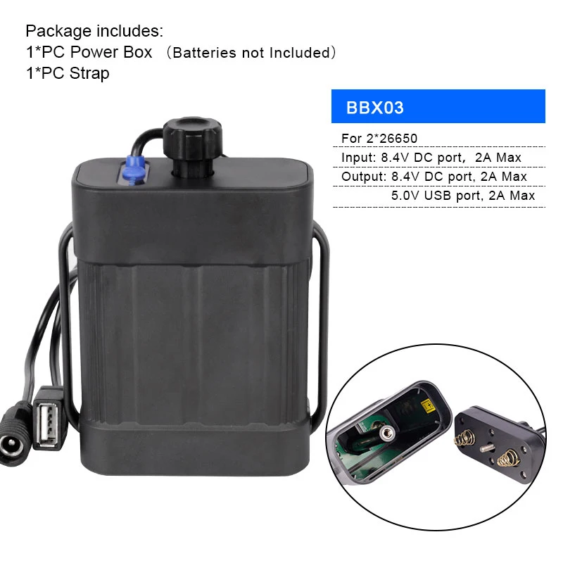 2X26650 Комплект велосипедных ламп Батарея коробка 8,4 V 5V двойной Напряжение Выход для 2/4/6 18650/26650 батареи W/ремень Дополнительный 100-240V для адаптера переменного тока - Цвет: 2X26650