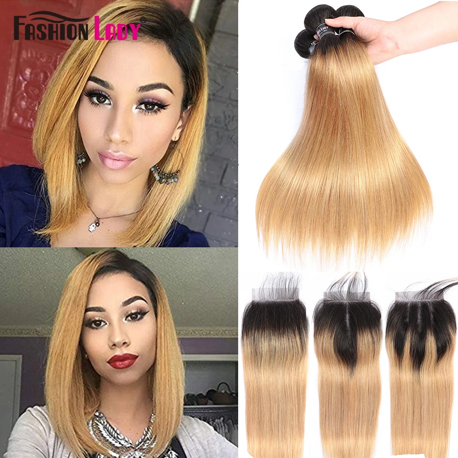 Fashion Lady Ombre Blonde Brazilian Hair 3 Bundles With Closure Pre-Colored 1B/27 Straight Weave Human Hair Bundles Non-Remy