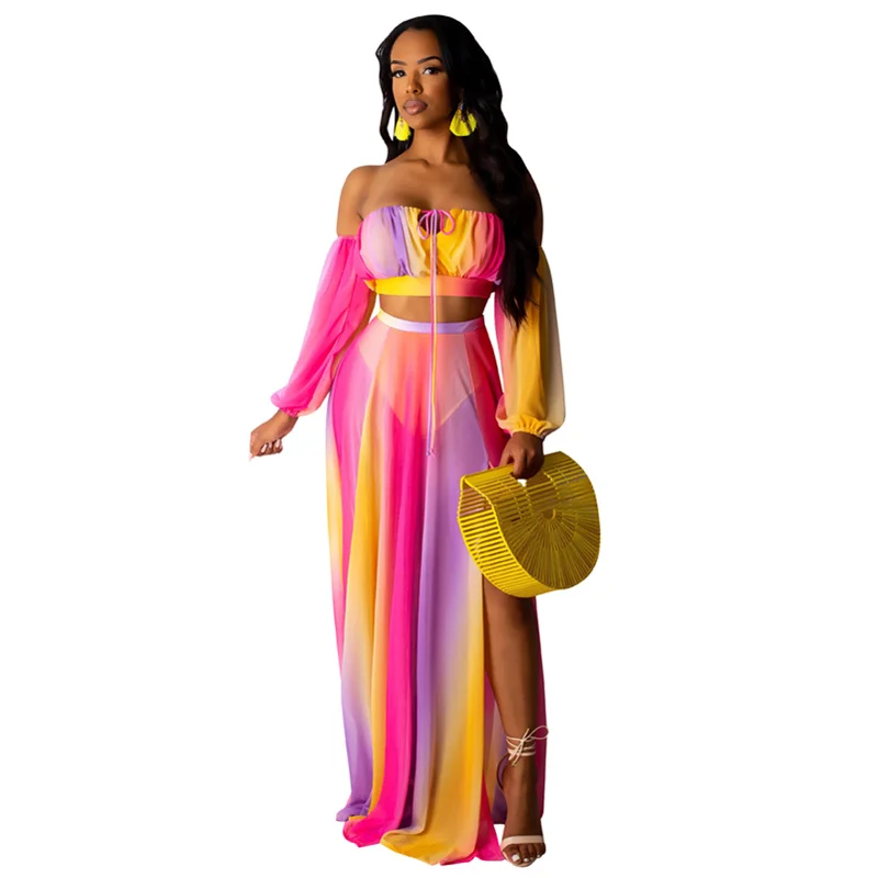 

Echoine Colorful Print 2 Piece Set Boho Long Skirt Set Off-shoulder Strapless Crop Top Sexy Sheer Mesh Beach Party Club Outfits