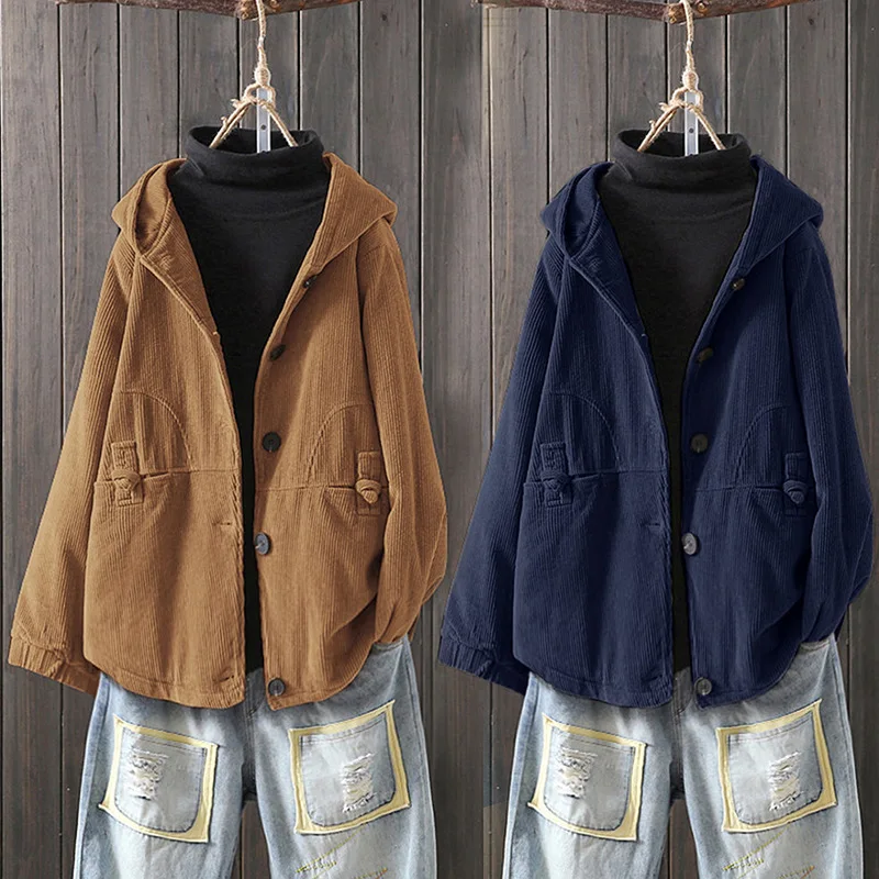astounding 5XL Women Corduroy Hooded Short Jacket Female Winter Coat Solid Color Fashion Large-size Buckle Vel